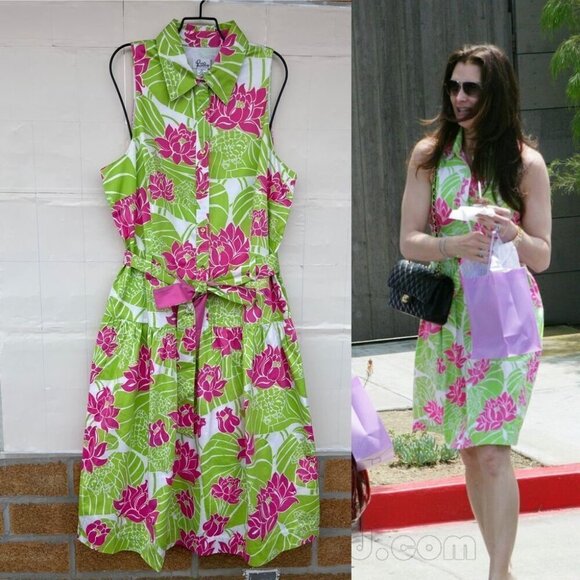Lilly Pulitzer Green Pink Lily Frog Floral dopamine dressing rockabilly Dress 14 - Picture 3 of 16